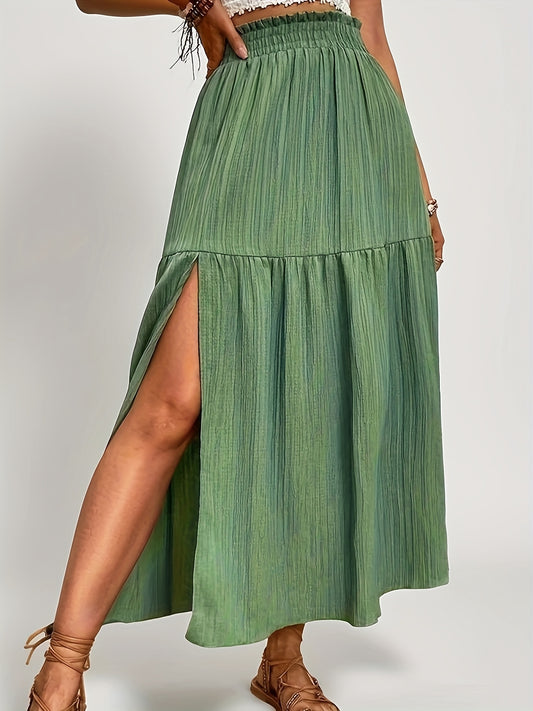 Women's High Slit for Lotus Leaf Edge Tied Waist Midi Skirt - Breathable Stretchy Fabric, Machine Washable Solid Black Casual to Dressy Spring Summer Skirt, Evening Wear | Nontransparent Fabric