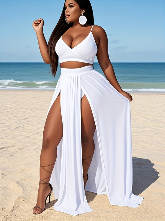 Women's Plus Size 2pcs Outfit - Chiffon Deep V-Neck Crop Top & High-Slit Maxi Skirt Set, Sexy Summer Dress for Casual Or Evening Wear