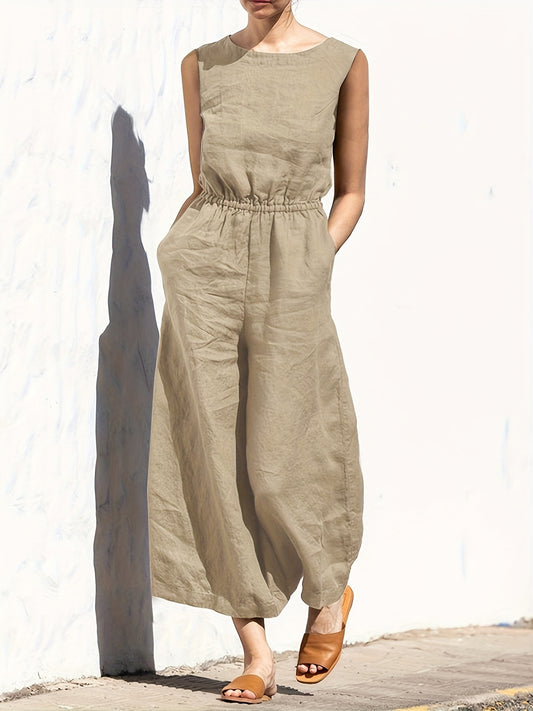 Plus Size 3XL Women's Olive Green Sleeveless Jumpsuit - Casual Summer Button-Front Romper with Pockets, Round Neck & Machine Washable Lightweight Design